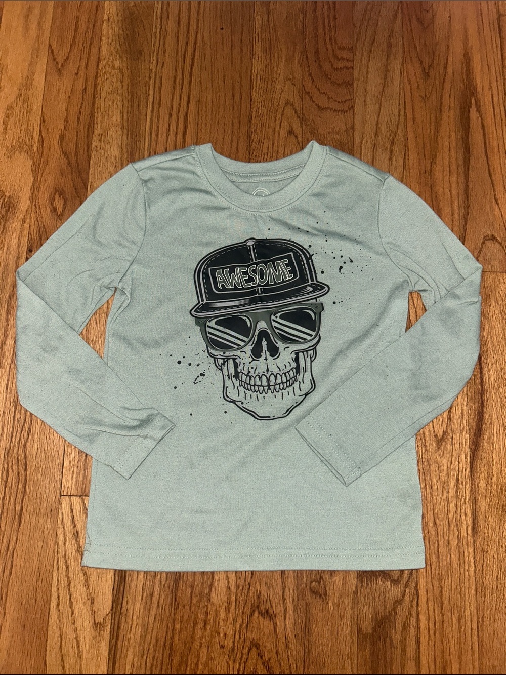 Kids Long-Sleeve Graphic Tee - Sage Green "Awesome" Skull